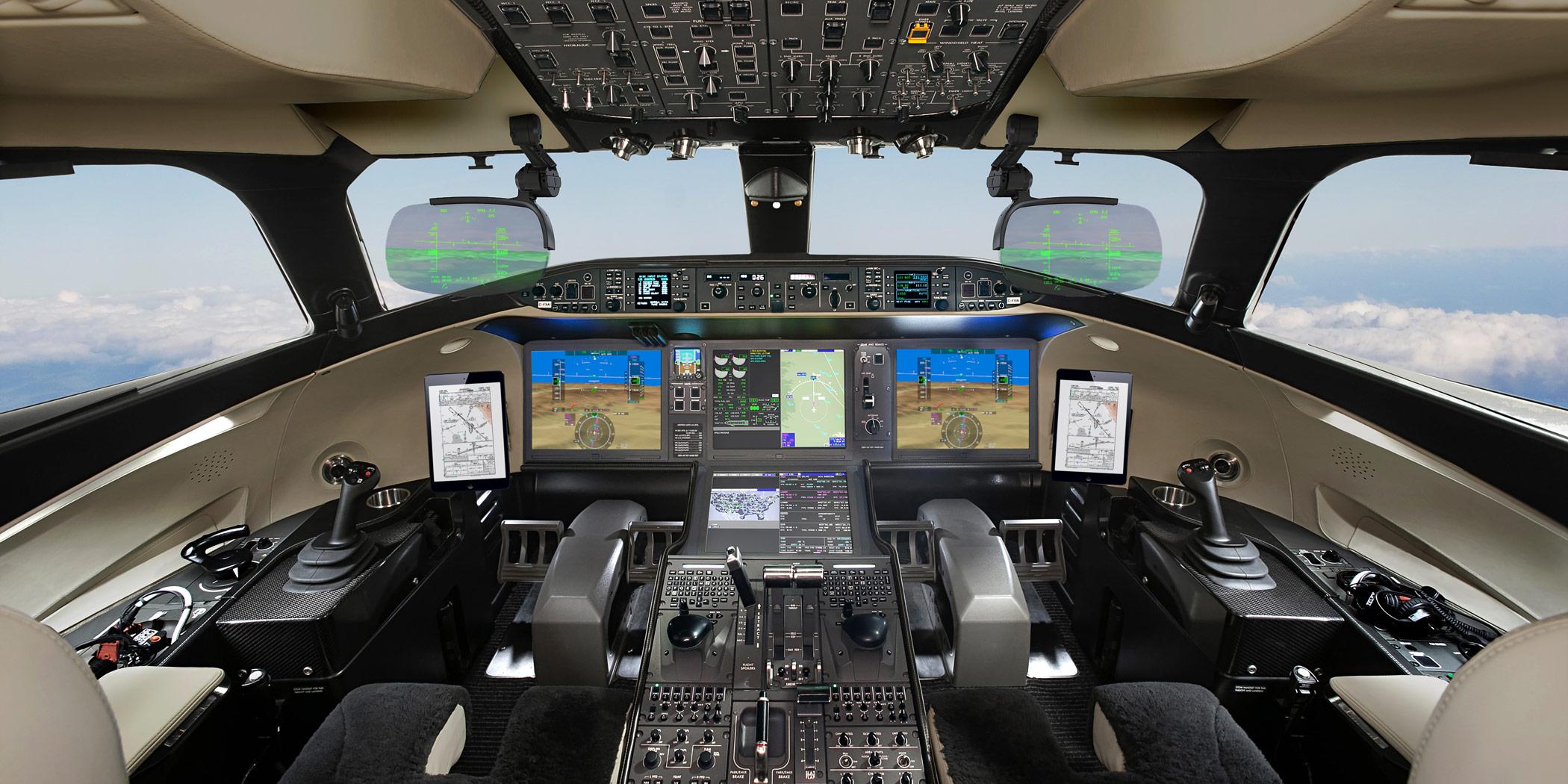 The Global 8000's cockpit features computerized fly-by-wire controls.