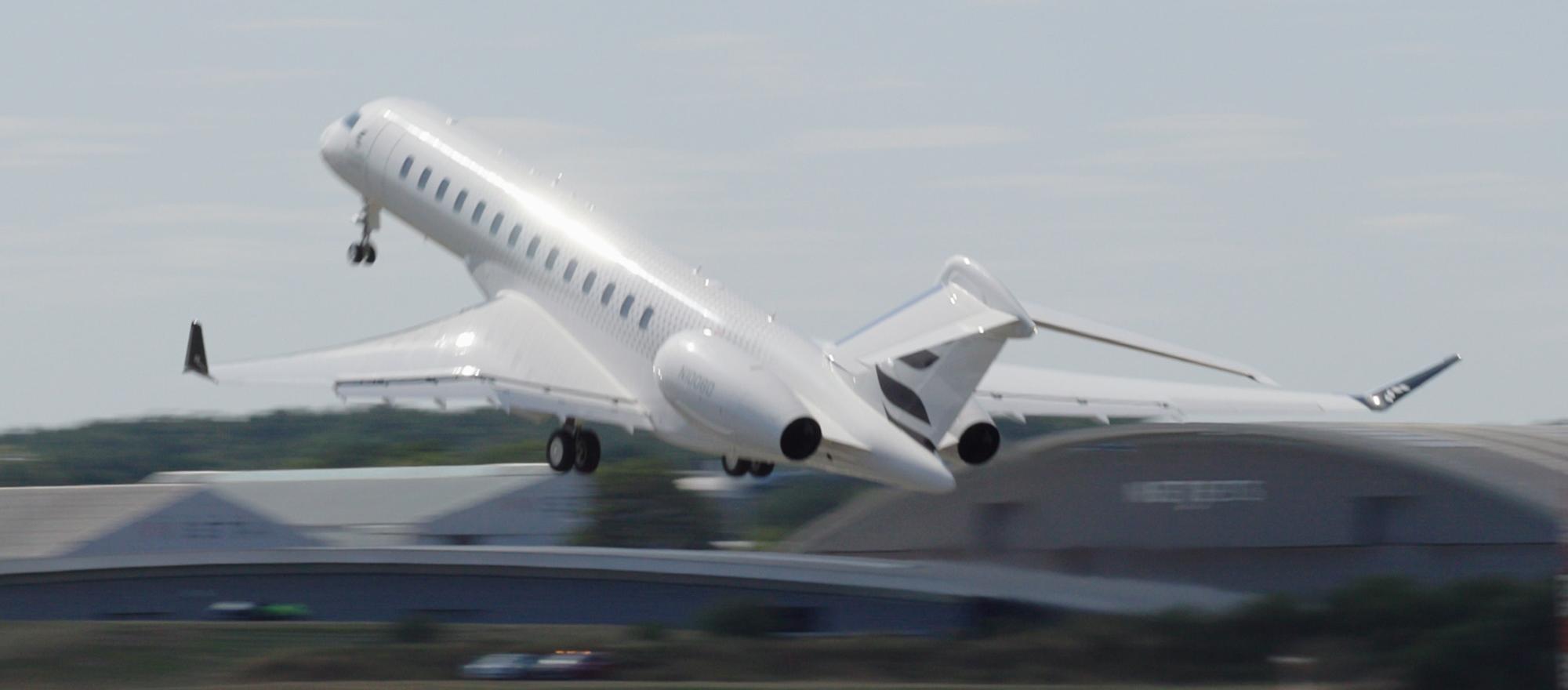 Bombardier Global 8000 taking off at Farnborough International Airshow 2026