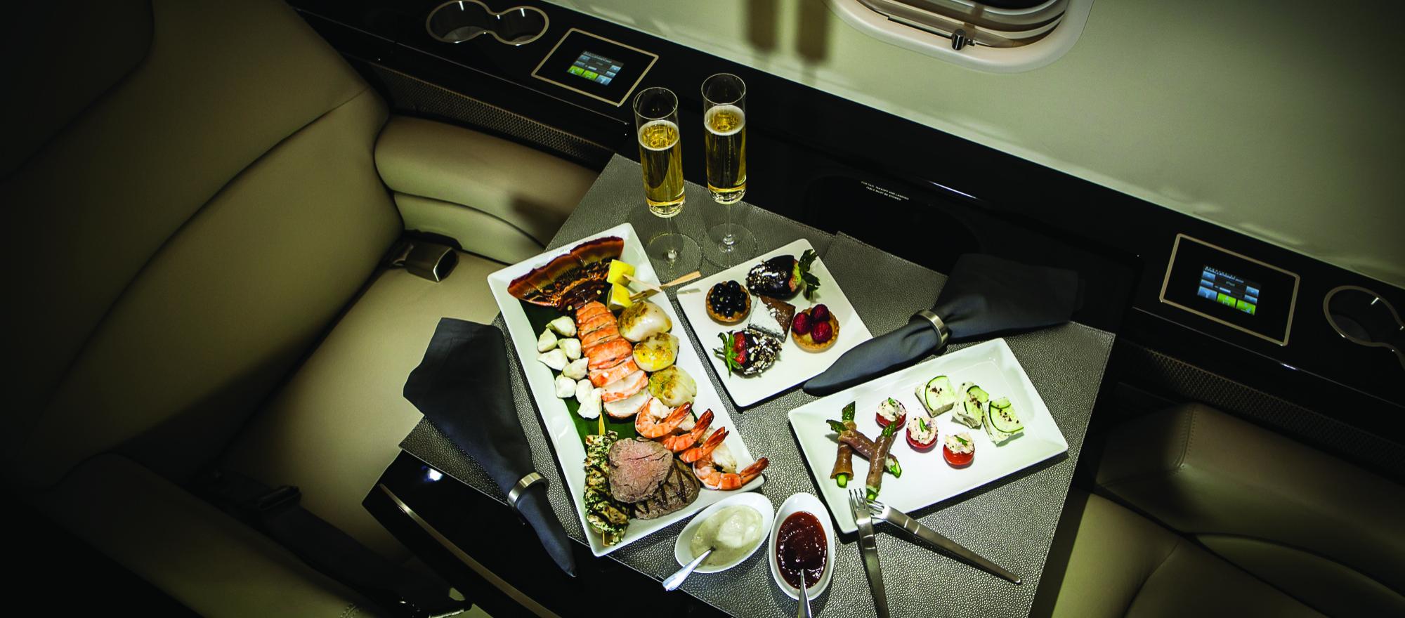 Food offerings from business aviation caterers mirror those found at top gourmet restaurants, but simpler fare such as burgers and sandwiches are also common. (Photo: Cunningham Photo Artists/Chef Charles Catering)