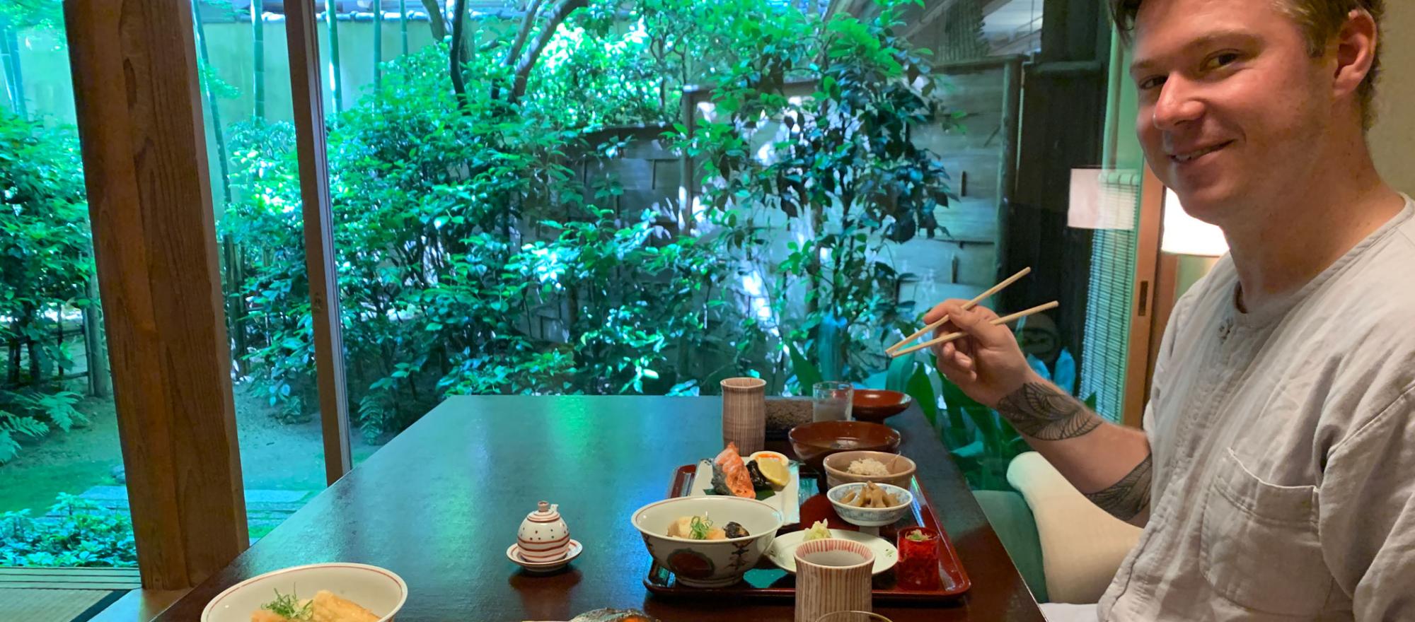 The author’s husband, Niklas Quarfot Nielson, enjoys a meal at Tawaraya. Photo: Gemma Z. Price