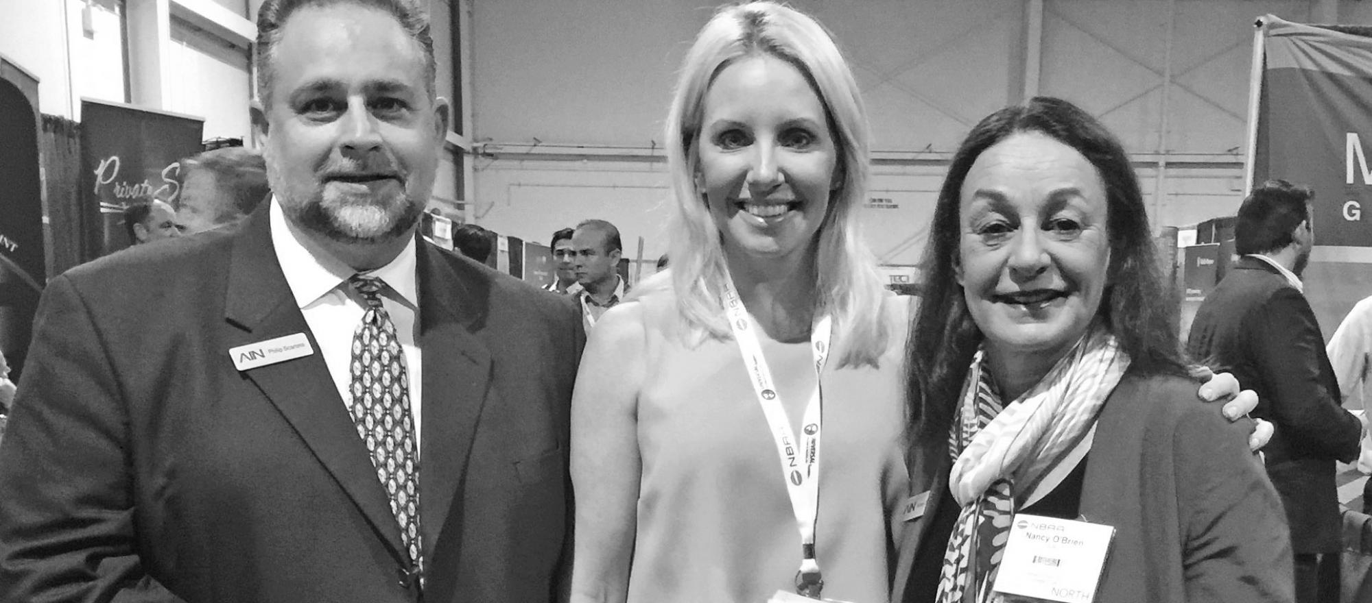Jennifer Leach English (center) with BJT’s onsite logistics manager Philip Scarano and associate publisher Nancy O’Brien at the NBAA Regional Forum in West Palm Beach. 