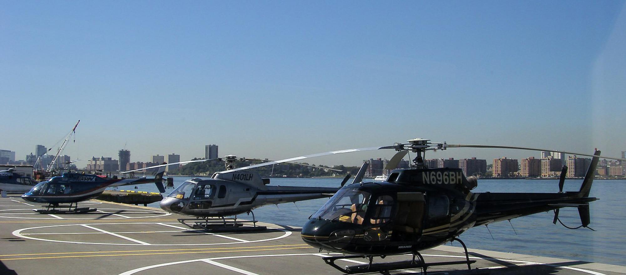 Helicopters on helipad at the West 30th Street heliport in New York City