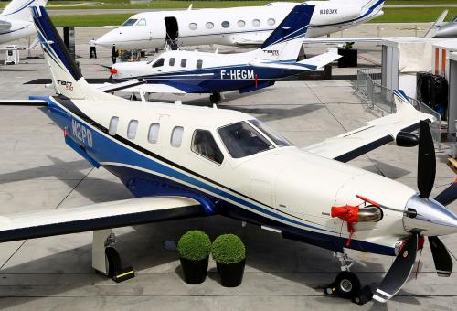 The Daher TBM 930 (foreground) and 910 on the static display in Geneva at EBACE 2018