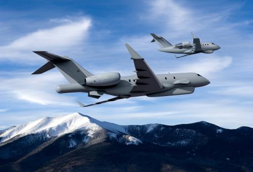 Bombardier global and challenger aircraft in defense configurations flying together