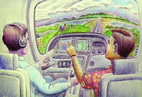 Many repeat customers learn to love the view out the big window up front. And it's not just pilot wannabees. (Illustration: John T. Lewis)