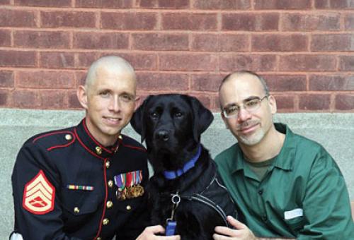 A wounded war vet and an inmate with a dog from Puppies Behind Bars.