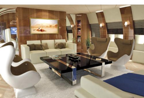 A futuristic-looking boeing 747 interior by Edese Doret industrial design con