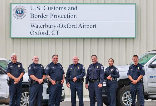 Customs and Border Protection officers outside the new CBP facility at Waterbury-Oxford Airport 