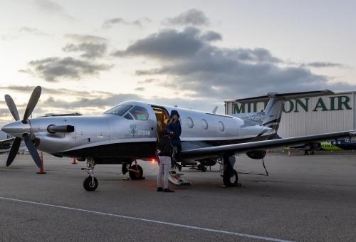 Flying Zebra PC-12 on airport ramp