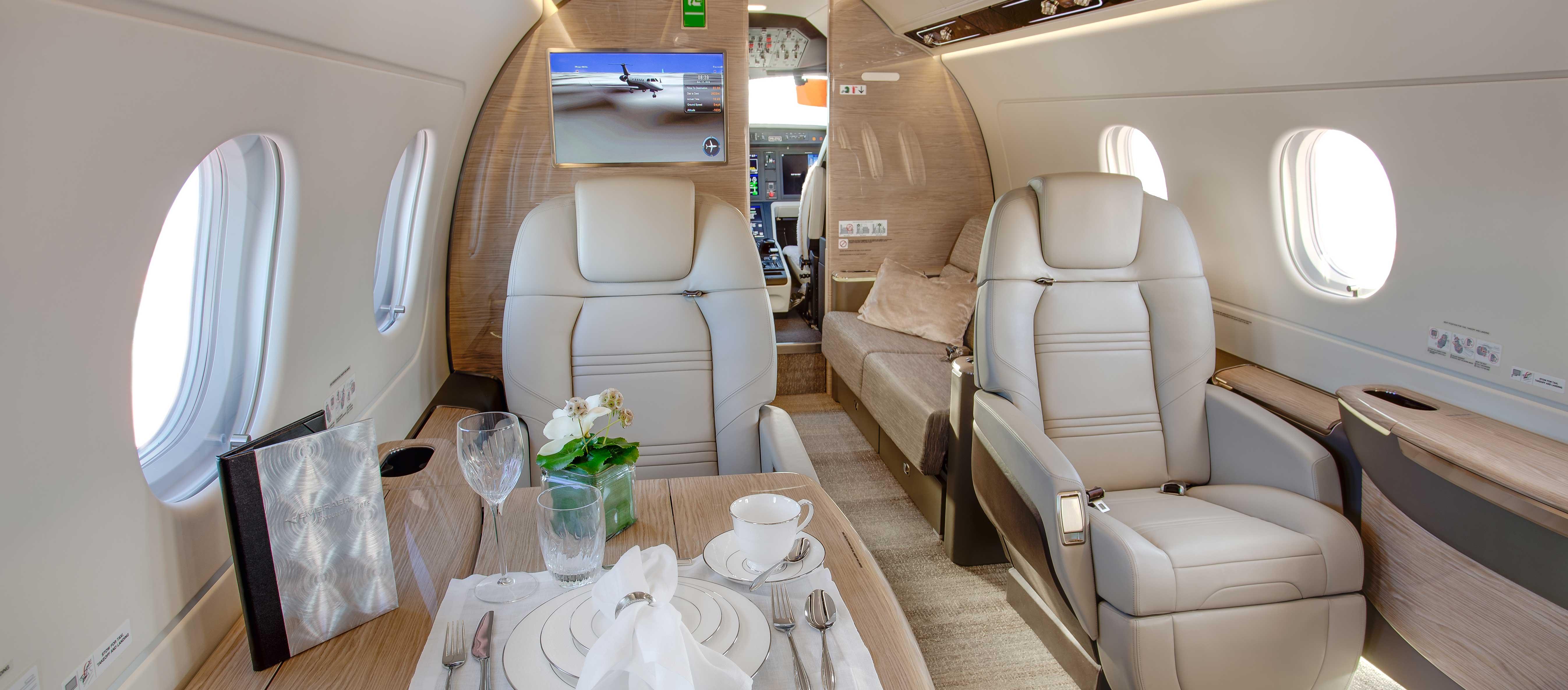 Embraer’s Praetor cabins employ recycled materials.