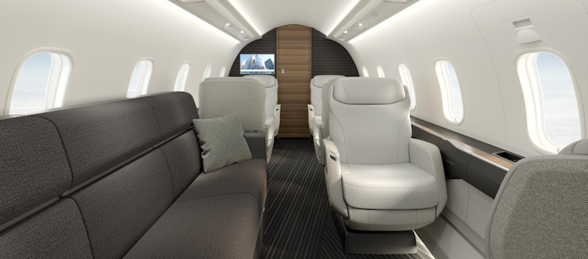 Interior cabin photo of the Challenger 3500 from divan looking forward