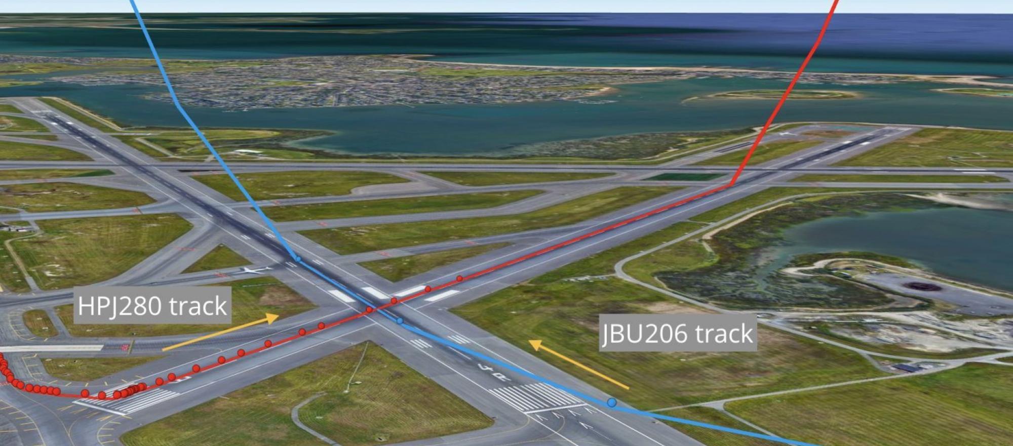 Graphic depicting near-collision at Boston Logan International Airport on February 27, 2023