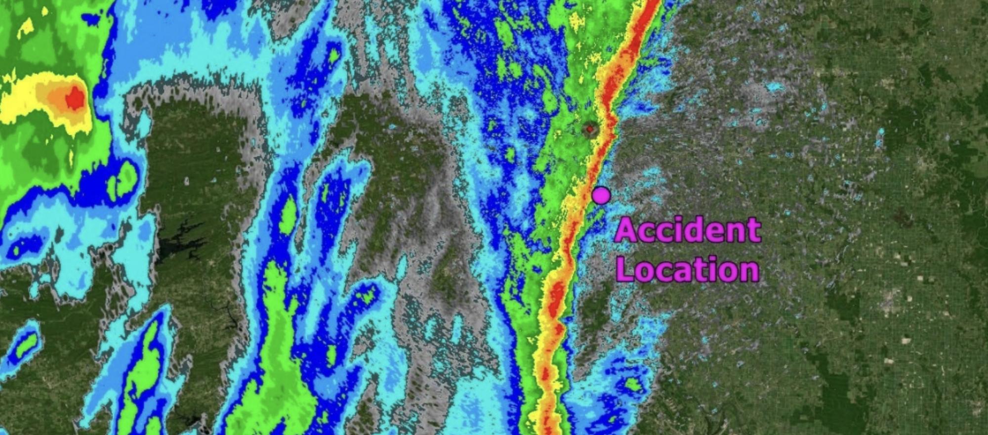 Weather radar map depicting accident location and weather at time of aircraft crash