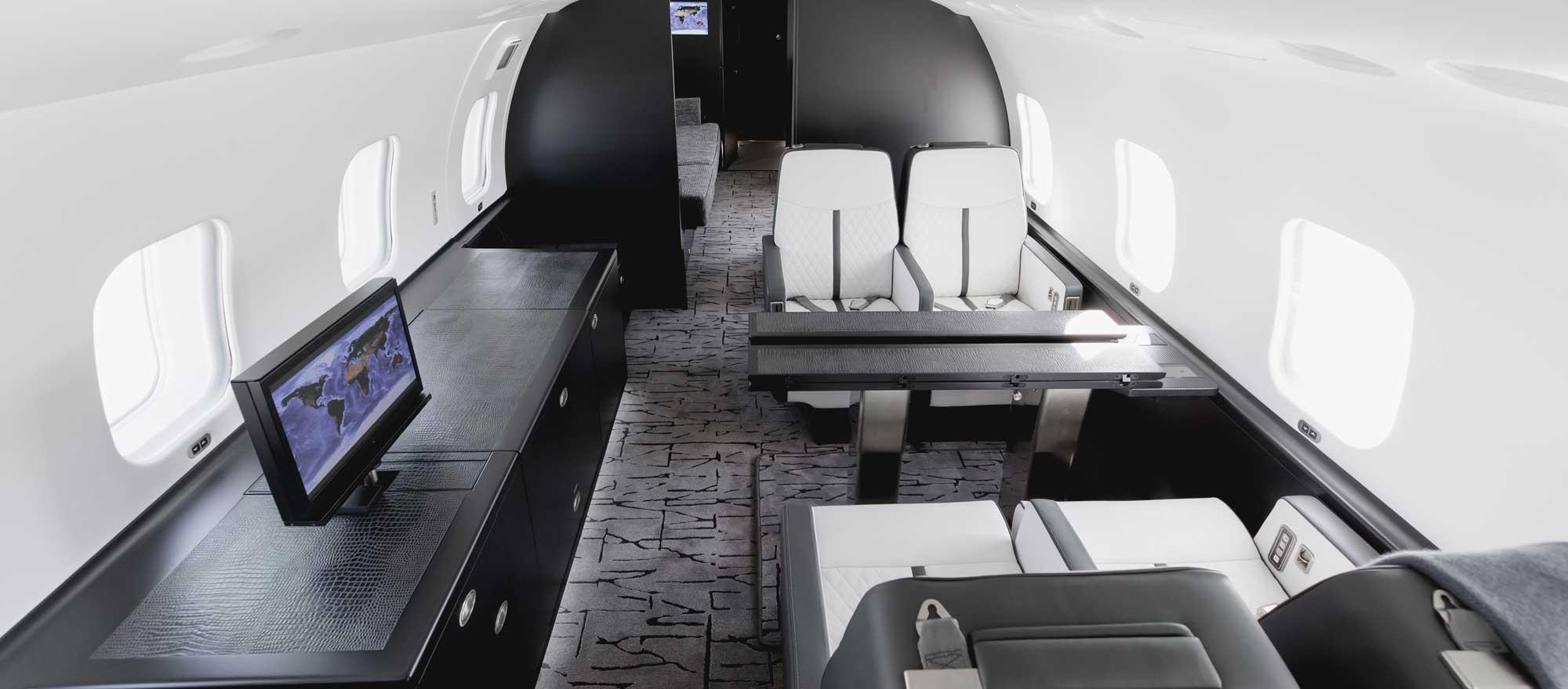 Cabin of fully customized Bombardier Global Express featuring a 