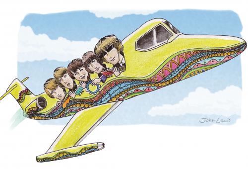 Illustration of jet with passengers.