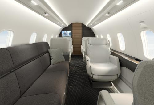 Interior cabin photo of the Challenger 3500 from divan looking forward